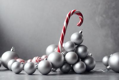 The primary subject of the image is a silver candy cane with a red and white striped candy cane hanging from it. The setting is a gray background, and the visual style is a photo. The dominant colors are silver, red, and white, creating a festive and joyful atmosphere.